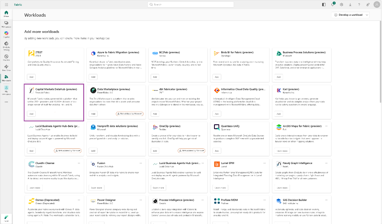 Workload Hub on Fabric with Capital Markets Datahub highlighted