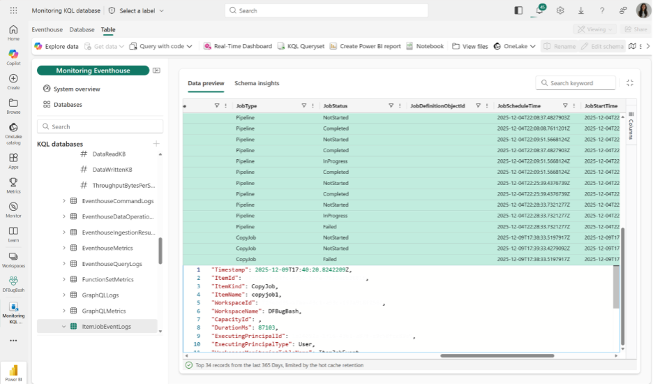 Workspace monitoring screen for ItemJobEventLogs