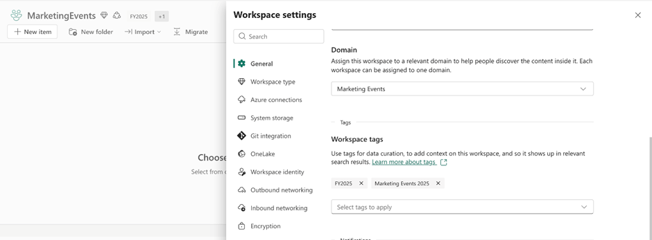 Workspace settings screen showing applied workspace tags.