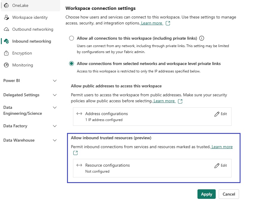 The image depicts a configuration interface  in Workspace settings  offering options to add trusted resource instances to control access