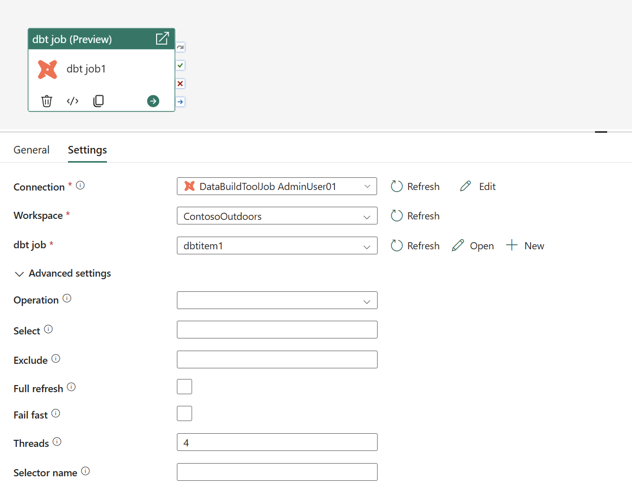dbt-Job-Aktivität Einstellungen