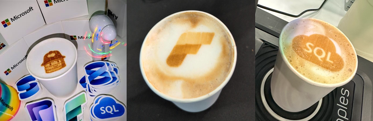 Three custom coffee beverages with Microsoft product logos for Fabric and SQL